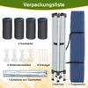 A flat lay image showing the contents of a pavilion package, including sandbags, ropes, stakes, frame, and a carrying bag. Produktbild-Vorschau