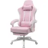 A pink and white gaming chair with a footrest, shown from the front on a white background. Náhled obrázku produktu