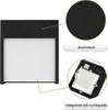 A close-up view of a black LED outdoor wall light, with callouts highlighting its aluminum material and integrated LED light source. Podgląd zdjęcia produktu