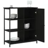 A black sideboard with open doors and shelves displaying bowls and plates. Voir les images du produit