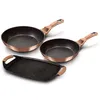 A set of three non-stick cookware items, including two frying pans and a griddle pan, are displayed on a white background. Podgląd zdjęcia produktu