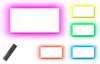 A collage of LED panels with different colored backlights and a remote control. Produktbild-Vorschau