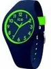 A close-up, angled view of a dark blue watch with a bright green face and hands, set against a white background. Produktbild-Vorschau