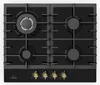 A top-down view of a black gas stovetop with four burners and gold control knobs. Náhľad obrázku produktu