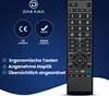 A marketing image showcasing a remote control with various certifications and feature callouts. Produktbild-Vorschau