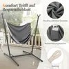 A grey hammock chair with a black metal stand is shown on a porch. Insets highlight the fabric, a storage pocket, and the rope. Náhled obrázku produktu
