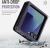 A purple flip phone case is shown falling onto a surface, with text describing its anti-drop protection. Produktbild-Vorschau