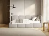 A modern bedroom with a bed, shelves, and a side table. Produktbild-Vorschau