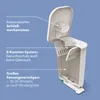A cutaway view of a white diaper pail, highlighting its internal features with text annotations. Produktbild-Vorschau