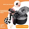 Collage showing black rubber bumpers for an air fryer, with text highlighting features like softness, elasticity, food-grade silicone, and ease of cleaning. The main image shows water splashing in an air fryer basket. Produktbild-Vorschau