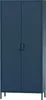 A dark blue metal wardrobe with two doors and silver handles, standing on four thin legs against a white background. Voir les images du produit