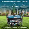 A generator is placed on a lawn in front of a house, with two people walking in the background. Podgląd zdjęcia produktu
