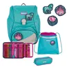A collection of school supplies including a backpack, pencil case, and drawstring bag, along with decorative patches. Podgląd zdjęcia produktu
