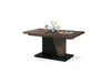 A modern dining table with a wooden top and a black base, set against a white background. Produktbild-Vorschau