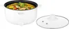 A white electric pot filled with food, placed next to its glass lid, on a white background. Produktbild-Vorschau