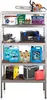 A multi-shelf unit filled with various tools and supplies, including a chainsaw, paint cans, toolboxes, automotive fluids, and a welding machine. Náhled obrázku produktu