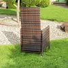 A brown rattan garden chair is shown from the back in a garden setting with grass and gravel. Produktbild-Vorschau