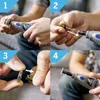 A four-panel collage showing the steps to attach an accessory to a Dremel tool. Podgląd zdjęcia produktu