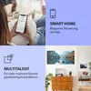 A collage of images showcasing a smart home infrared heater, its app control, and a living room setting. Produktbild-Vorschau