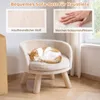 A cat sleeping on a pet sofa with two inset images highlighting fabric and cushion. Produktbild-Vorschau