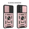 Two views of a rose gold and black phone case with a sliding camera cover and a ring holder. Produktbild-Vorschau
