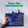 A hand holding a stylus pen is shown interacting with a laptop screen displaying a colorful illustration of traditional Asian architecture. The background has a subtle, artistic pattern. Voir les images du produit