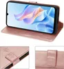 A collage of images showing a rose gold flip case for a ZTE Blade A76 5G phone. Produktbild-Vorschau