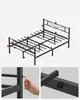 Collage showing a black metal bed frame with labeled parts and two close-up shots of assembly details. One close-up shows a hand using an Allen wrench to tighten a screw. The other close-up shows a connection point of the bed frame. Náhled obrázku produktu