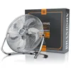 A silver floor fan is shown in front of its packaging box. Náhled obrázku produktu