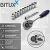 A set of socket wrenches and accessories displayed with descriptive text boxes. Produktbild-Vorschau