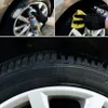 Collage showing a person applying tire polish to a car tire, and a close-up of a treated tire. Podgląd zdjęcia produktu