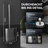 A toilet brush and holder set is displayed with marketing text and feature callouts. Produktbild-Vorschau