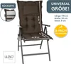A brown chair cushion on a folding chair, with various measurements and marketing text overlaid. Produktbild-Vorschau