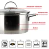 A close-up side view of a stainless steel pot with a glass lid, featuring callouts highlighting its features and specifications. Produktbild-Vorschau