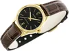 A close-up studio shot of a women's Casio watch with a black dial and a brown leather strap. Produktbild-Vorschau
