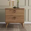 A wooden nightstand with two drawers and black triangular handles, placed on a wooden floor against a paneled wall. Produktbild-Vorschau