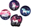 A collage of four round and shaped mousepads, each featuring a different unicorn illustration against a dark, starry, or twilight background. Produktbild-Vorschau