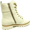 A white leather boot with gold accents and laces is shown against a white background. Produktbild-Vorschau