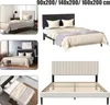Collage of different bedroom scenes and product views featuring a black upholstered bed frame with a beige headboard and bedding. Produktbild-Vorschau