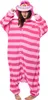 A person wearing a pink and purple striped Cheshire Cat onesie costume. Produktbild-Vorschau