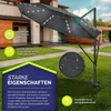 A large grey cantilever umbrella with LED lights is set up on a green lawn in front of a house. The image includes text overlays highlighting product features. Anteprima dell’immagine prodotto
