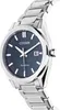 A close-up, angled shot of a silver Citizen Eco-Drive watch with a dark blue face. Produktbild-Vorschau