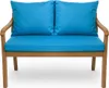 A close-up studio shot of a two-seater outdoor bench with bright blue cushions.