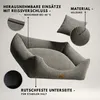 A dog bed with text overlays highlighting its features. Produktbild-Vorschau