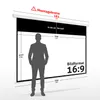 A diagram showing the dimensions of a projector screen with a silhouette of a person for scale. Produktbild-Vorschau