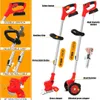 A collage of images showing features of a red cordless grass trimmer. Produktbild-Vorschau