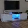 A white TV stand with LED lighting, a TV, and a media player. Produktbild-Vorschau