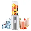 A portable blender filled with fruits, surrounded by ice cubes and glasses of smoothies. Produktbild-Vorschau