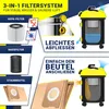 Diagrams illustrating the 3-in-1 filter system of an industrial vacuum cleaner, showing HEPA filter, wet filter, and dust bag, along with features like easy draining and bag attachment. Produktbild-Vorschau