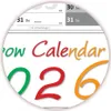 A close-up view of a calendar page showing the end of the year and the beginning of the next, with colorful numbers and text. Produktbild-Vorschau